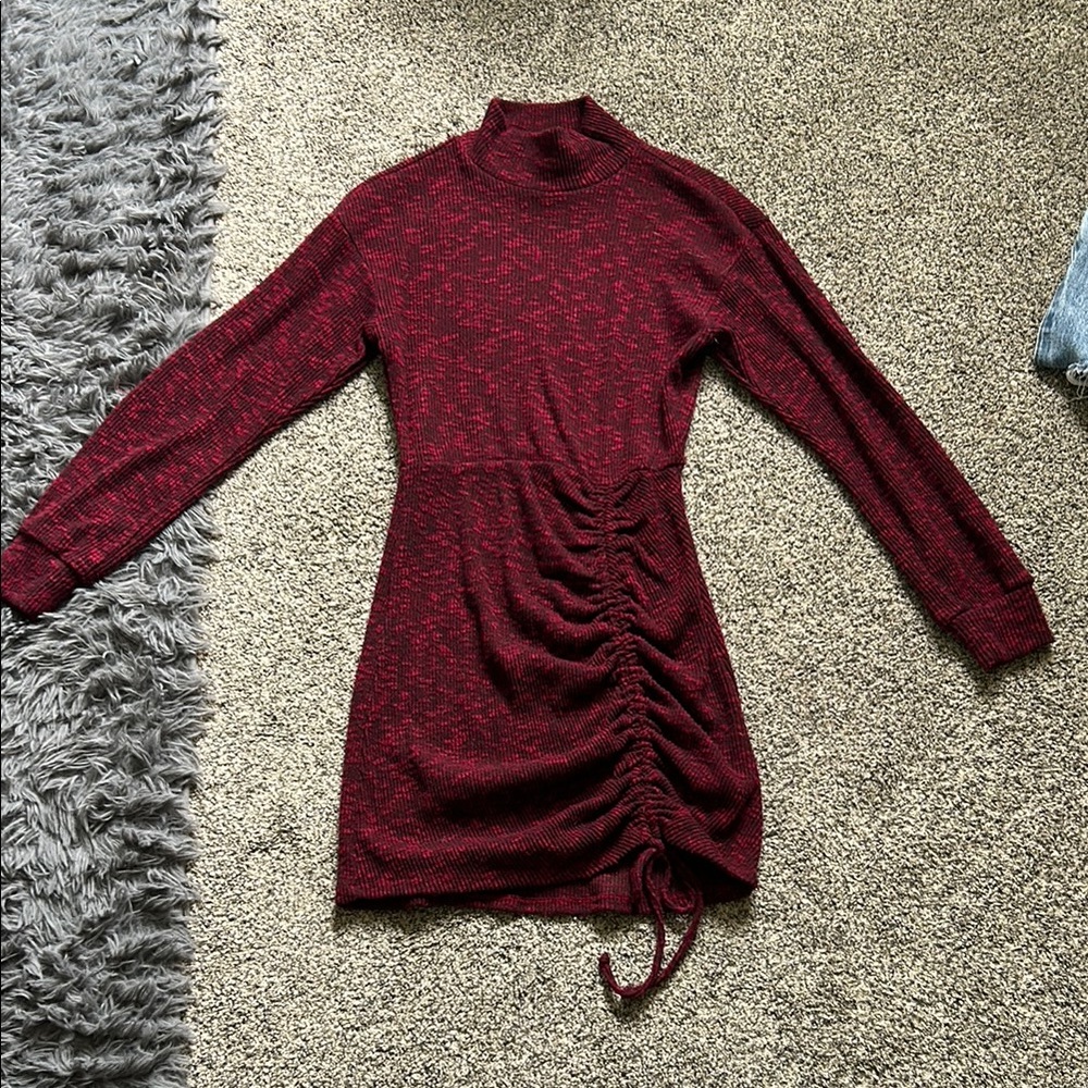 Xhilaration Red Asymmetrical Ruched Long Sleeve Dress